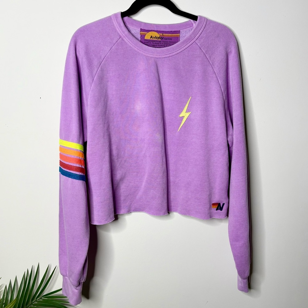 Aviator Nation Purple Sweatshirt with Rainbow and Lightning Bolt
